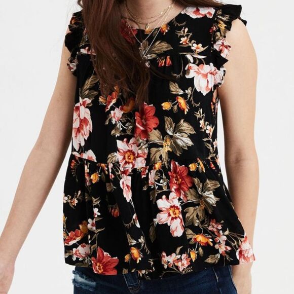 American Eagle Black Floral Short Ruffle Sleeve Blouse Top Peplum Flowy Shirt S - Picture 1 of 8